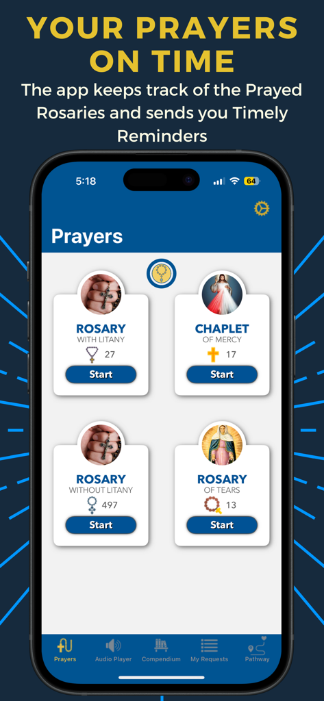 My Rosary (Audio) - My Rosary 앱 인터페이스, 기도 옵션 표시 (묵주 기도와 함께하는 기도, 자비의 기도 등) 및 일일 추적 카운터 포함.