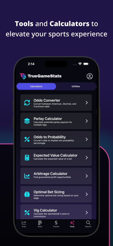 True Game Stats - A mobile app interface displaying a list of sports betting tools including an arbitrage calculator parlay calculator and expected value calculator