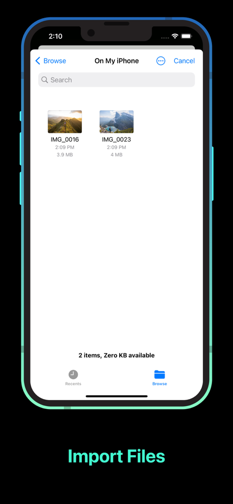 Resize Photos· - iPhone上のResize Photosアプリのインポートファイル機能を表示する画面。