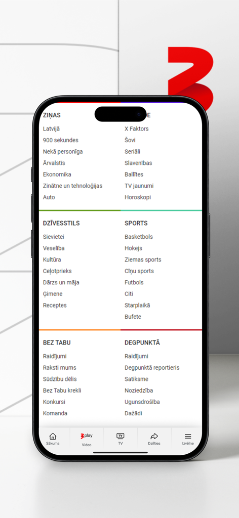 tv3.lv - tv3.lvモバイルアプリのナビゲーションメニュー。ニュース、スポーツ、ライフスタイルなどのカテゴリがラトビア語で表示されています。
