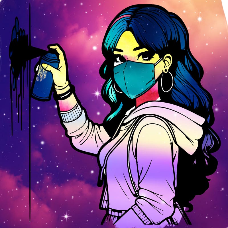 realistic girl with mask spray painting a wall