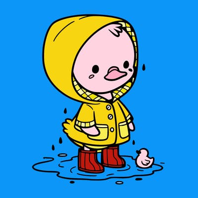 baby duck in a rain coat and boots, in a puddle while it’s raining