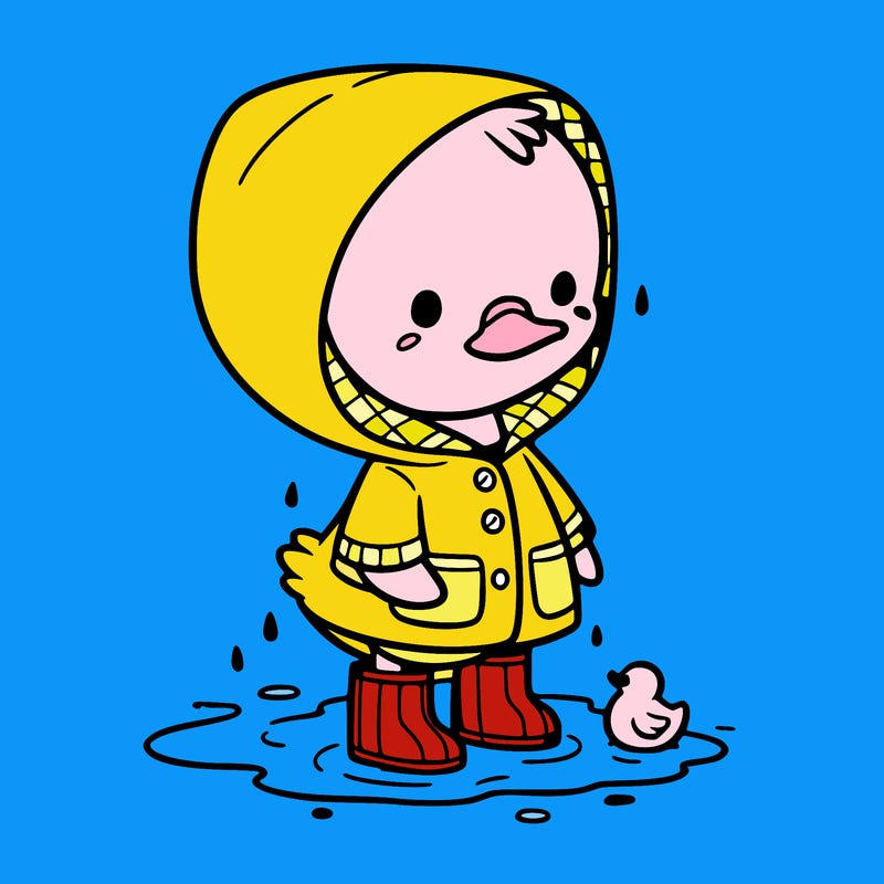 baby duck in a rain coat and boots, in a puddle while it’s raining