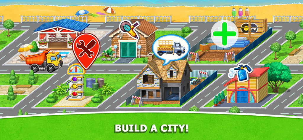 Interactive cartoon city map with houses under construction and vehicle maintenance icons