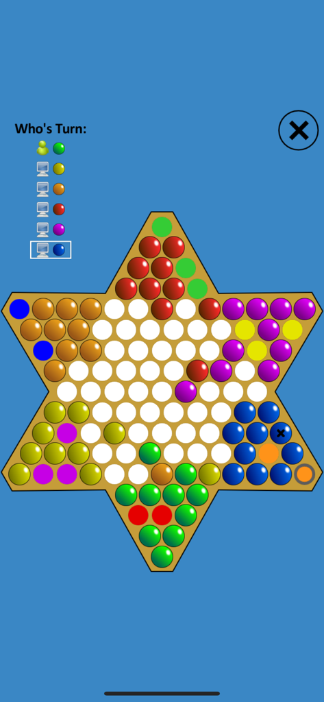 Chinese Checkers Touch - Chinese Checkers game board with colored marbles on a blue background