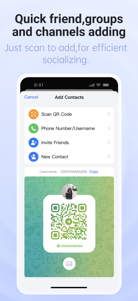 Turrit -Messenger for Telegram - Turrit app interface for quickly adding friends and groups by scanning a personal QR code