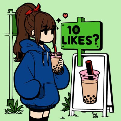 girl with oversized hoodie drinking boba and she has a high ponytail with a sign that says 10likes?
