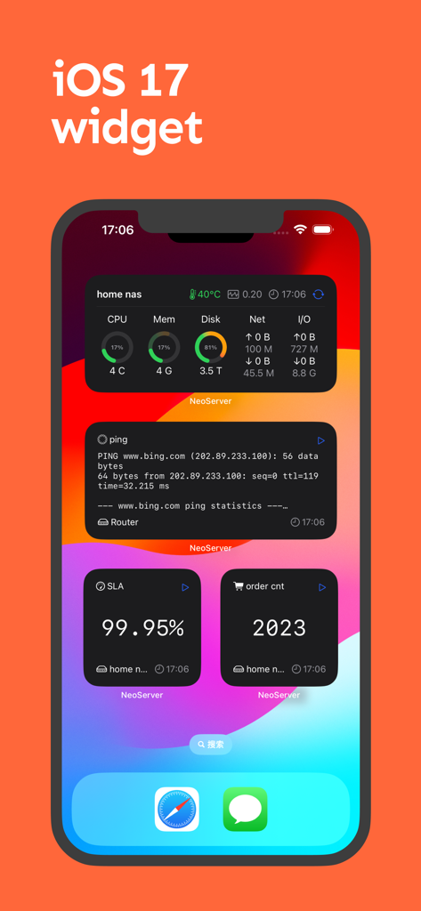 NeoServer: SSH Client|Terminal - iPhone home screen displaying iOS 17 widgets for NeoServer showing server performance metrics, ping statistics, and SLA uptime monitoring.