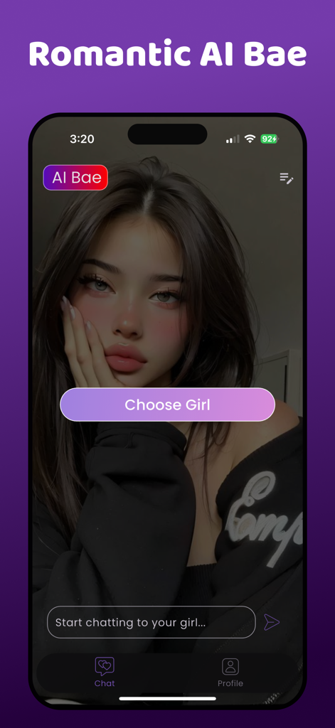 Talk To Girls :Romantic Ai Bae - バーチャルコンパニオンとチャットボックスが表示されたTalk To Girls Romantic AI Baeアプリのインターフェース