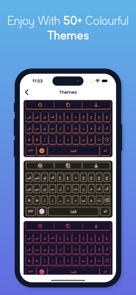 Persian Keyboard - Farsi Keys - A mobile screen showing three different aesthetic and colorful keyboard theme designs for the Persian language.