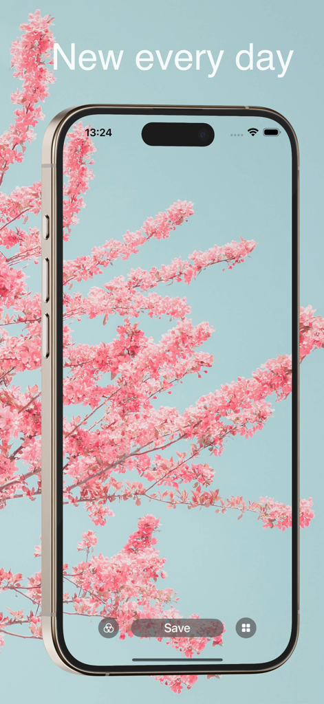 Wallpapers Full HD for iPhone - Tela do iPhone exibindo um wallpaper floral rosa de alta qualidade com um botão Salvar e o texto Novo todos os dias