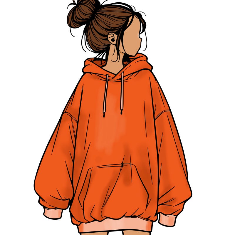 realistic girl with a oversized sweatshirt on and a bun