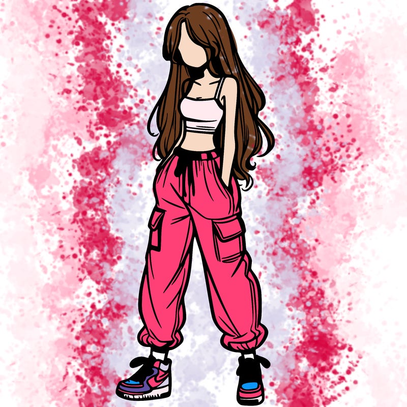 girl in baggy pants crop top and long hair