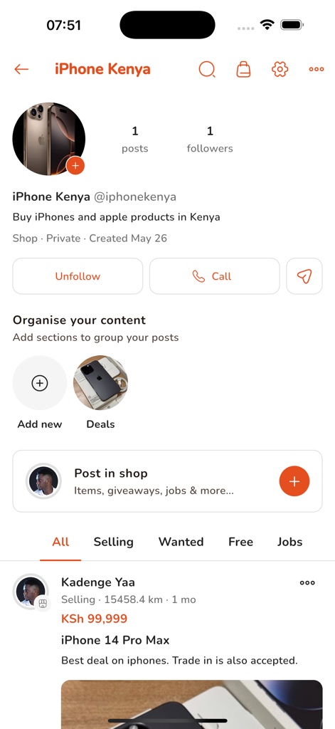 A profile page for a shop on the Nikela app showing an iPhone 14 Pro Max listing