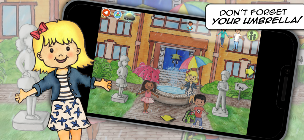 My PlayHome Plus - Kinder, die in einem regnerischen Außenhof der My PlayHome Plus App bunte Regenschirme halten