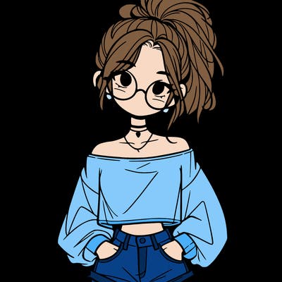girl with a messy ponytail glasses a baggy crop top and jean shorts