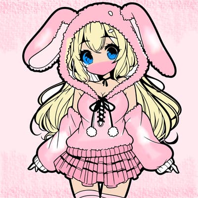 pretty anime girl wearing a fluffy hoodie with bunny ears on the hood and a skirt