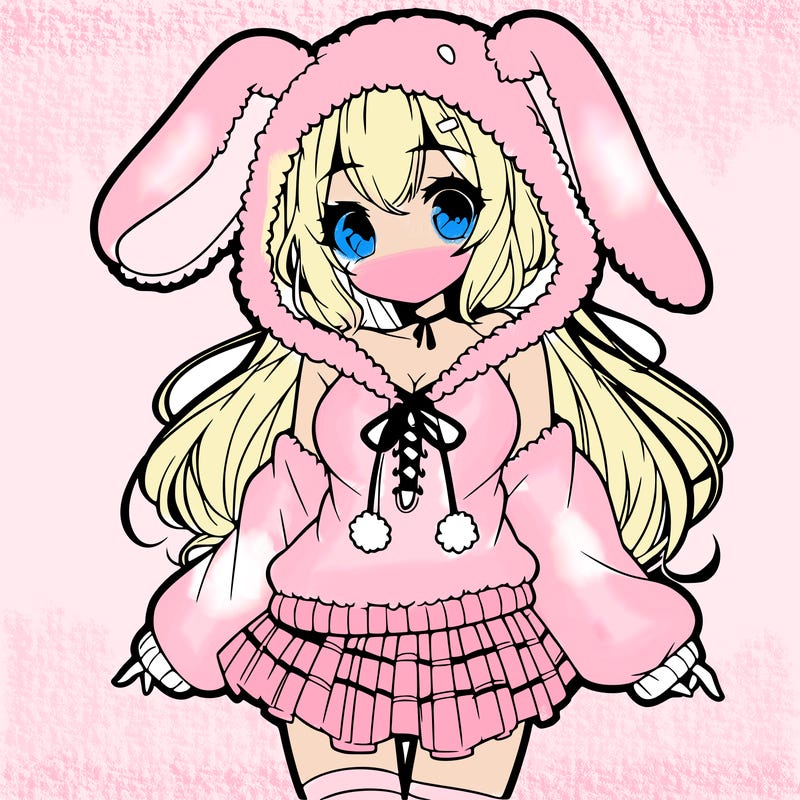 pretty anime girl wearing a fluffy hoodie with bunny ears on the hood and a skirt