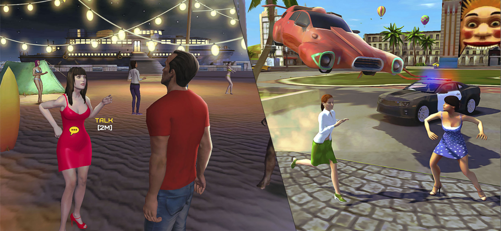 Go To Street - Split screen showing a night beach social scene and a daytime city with a flying car and a police car.