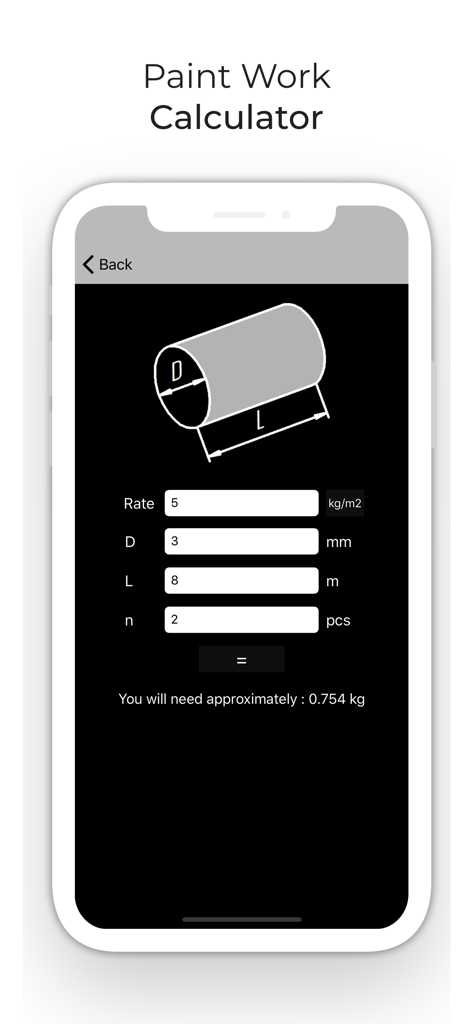 Metal Steel Paint calculator - Interface de l'application Calculateur de Peinture pour Métal Acier montrant un calcul de la quantité de peinture nécessaire pour un tube métallique cylindrique.