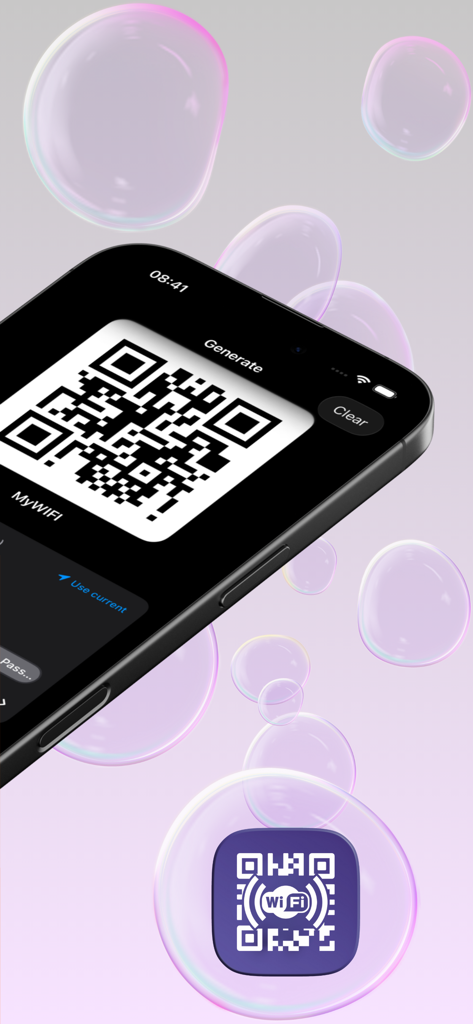 iPhone displaying a generated WiFi QR code in the WiFi QR Code Generator app using dark mode