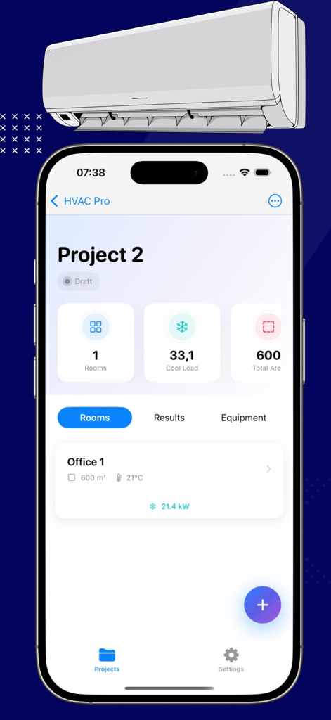 HVAC Calculator ProX - HVAC Calculator ProX mobile interface showing project summary with cooling load and room area calculations