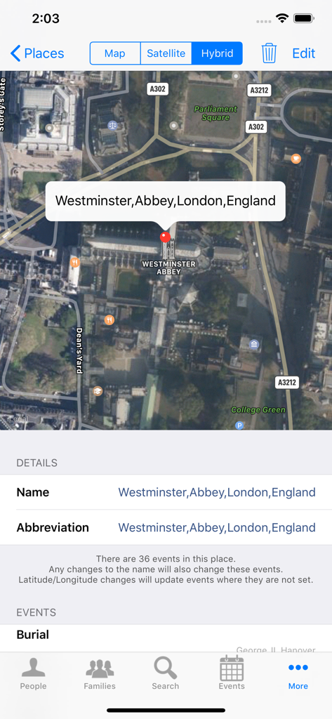 GedView App Satellitenkarten-Oberfläche mit Westminster Abbey und Details zu Bestattungsereignissen.