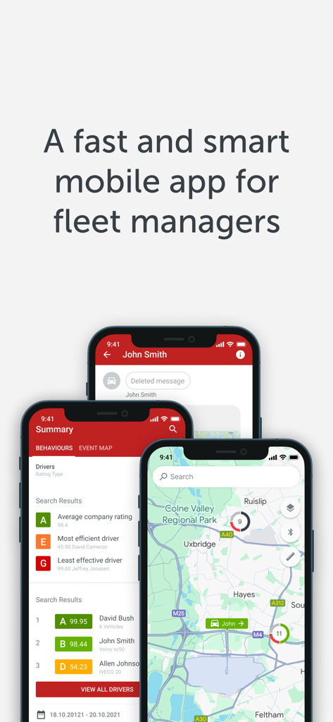 My-Fleet mobile App-Oberfläche mit Anzeige von Fahrerleistungsbewertungen und Echtzeit-GPS-Fahrzeugverfolgung