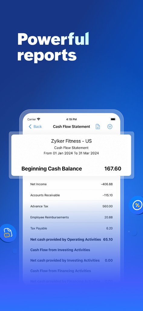 Accounting App - Zoho Books - Zoho Books mobile app interface displaying a detailed business cash flow statement