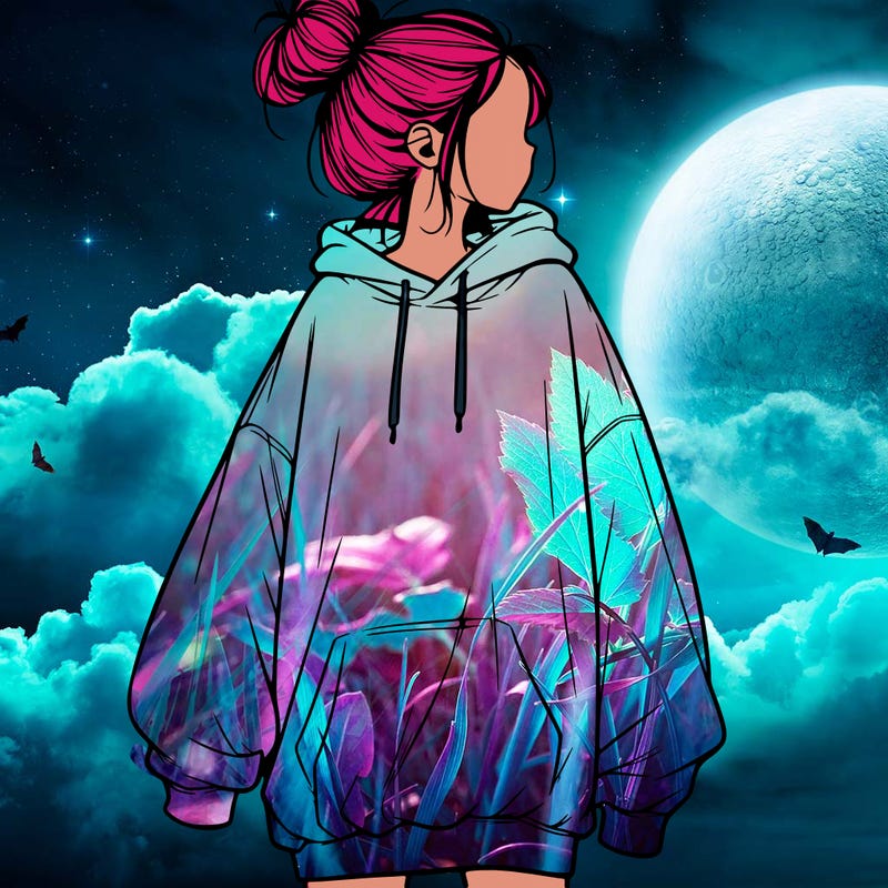 realistic girl with a oversized sweatshirt on and a bun