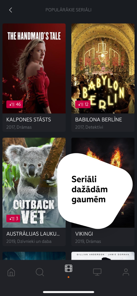 LMT Viedtelevīzija - LMT Viedtelevizija mobile app interface showing a selection of popular international TV series and documentaries.