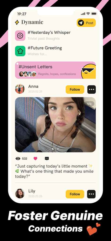 A screenshot of the Capal app dynamic feed showing user posts and themed memory hashtags.