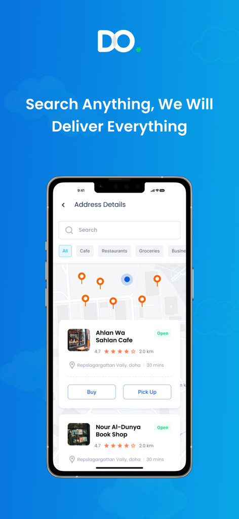 DoDelivery app interface showing a map of local shops with options to buy or pick up items.