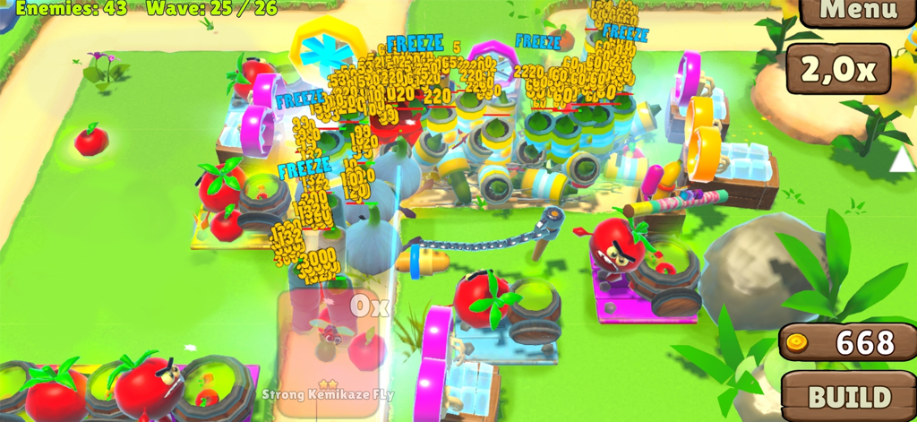 Fruits vs Vegetables - Action-packed tower defense gameplay in Fruits vs Vegetables featuring fruit towers and vegetable waves.