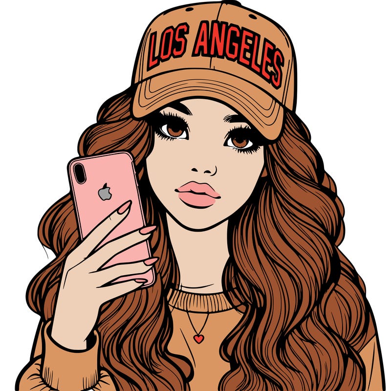 realistic beautiful girl wearing los ángeles cap holding an iphone