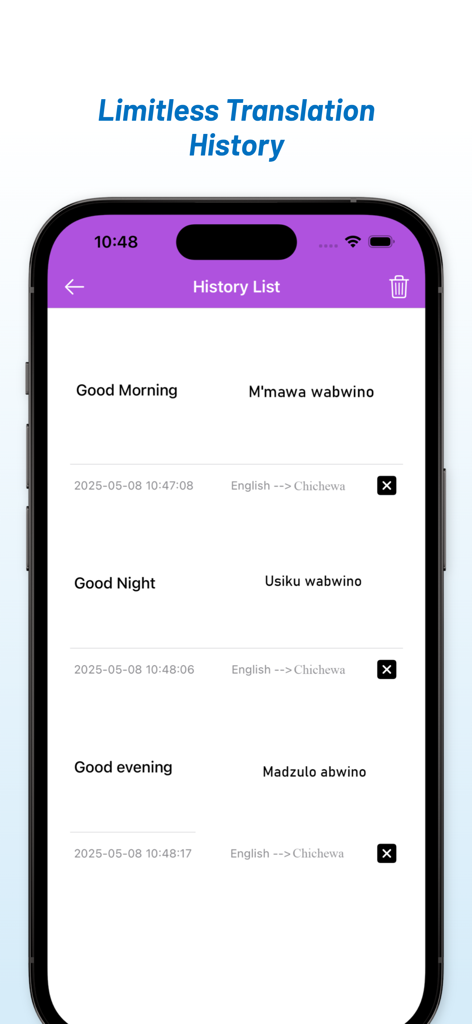 English - Chichewa Translator - A list of saved English to Chichewa translation history showing phrases and timestamps