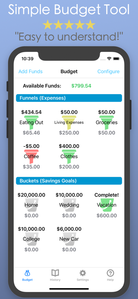 Budget - Easy Money Saving App - Smartphone screen showing a budget app interface with expense funnels for eating out and coffee and savings buckets for home and wedding goals.