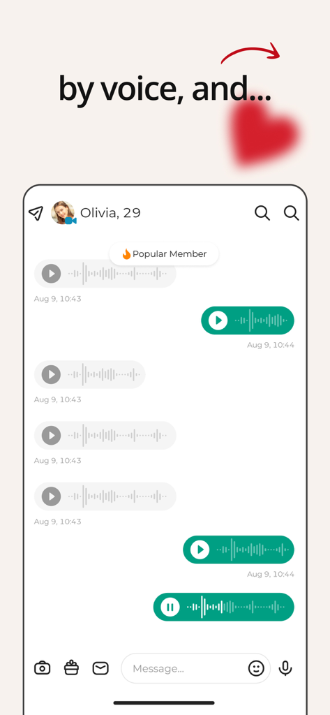 A chat screen on the Dating.com app showing voice messages and a popular member profile