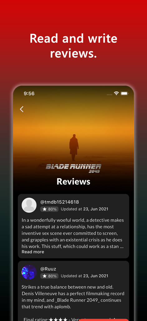 MerlMovie app screen showing user reviews and ratings for Blade Runner 2049