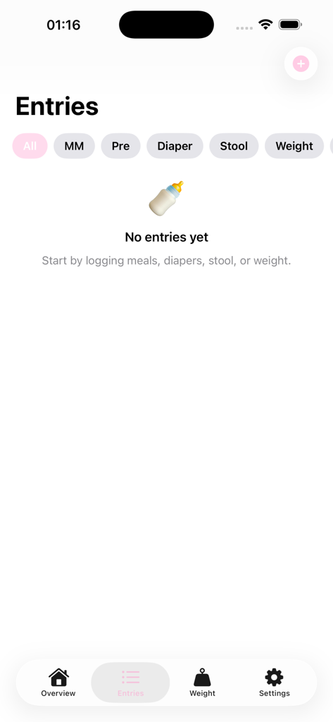 Baby Tracker - Feeding Log - Baby Tracker app entries screen showing tracking categories like feeding and diapers
