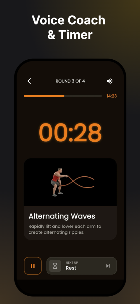 Battle Rope Workouts - A mobile interface for Battle Rope Workouts displaying a high intensity interval timer and an animated guide for the alternating waves exercise.