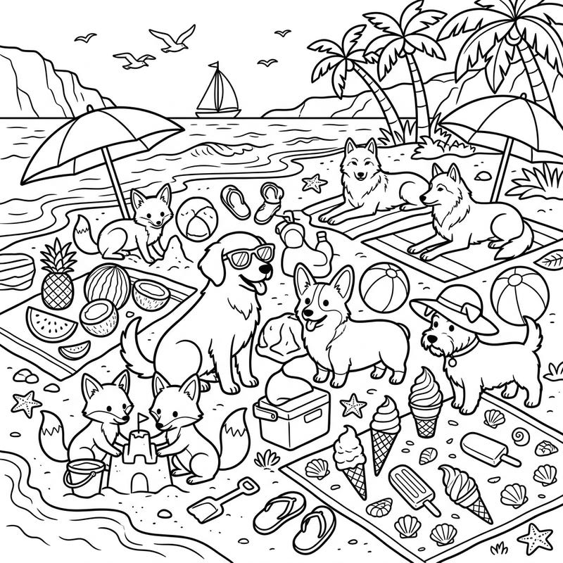 Dive into a serene summer scene with this charming coloring page, featuring a variety of beloved canines enjoying a sun-soaked beach day. Designed with seniors in mind, it offers clear outlines and engaging details for a truly relaxing creative escape.