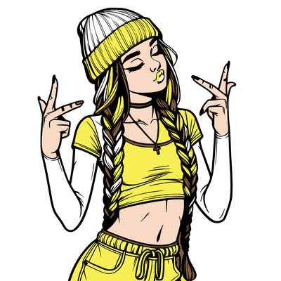 realistic teenage girl with braids and a beanie and crop top doing 🫶🏼