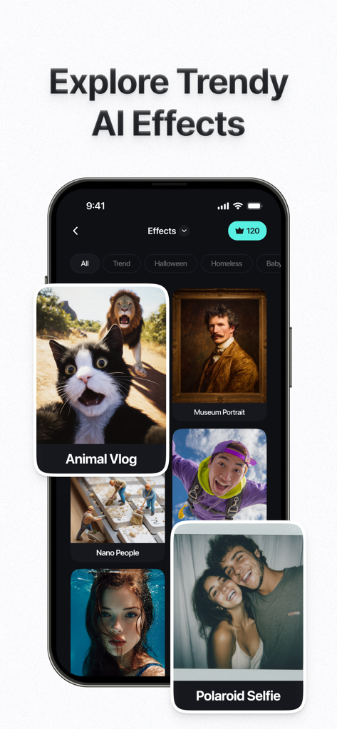 Doozy AI: Video Generator - Interfaz de la aplicación Doozy AI mostrando efectos y plantillas de vídeo de IA de moda