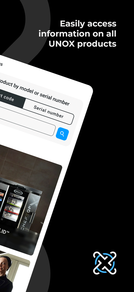 Unox Partner Hub - Interfaz de la aplicación móvil Unox Partner Hub para buscar información de hornos comerciales por número de serie.