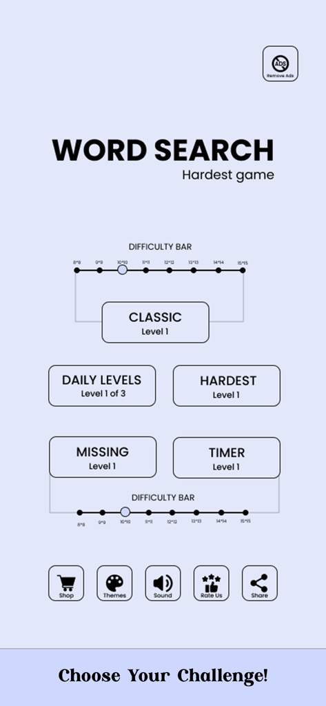 Word Search - Super Hard - Menú principal del juego Word Search Super Hard mostrando diferentes modos de juego, incluyendo Clásico, Más Difícil, Faltante y Temporizador.