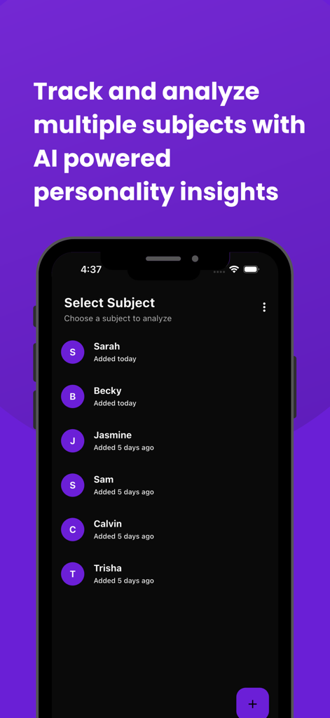 Influence AI - A mobile interface of Influence AI app showing a list of subjects like Sarah and Becky for personality analysis.