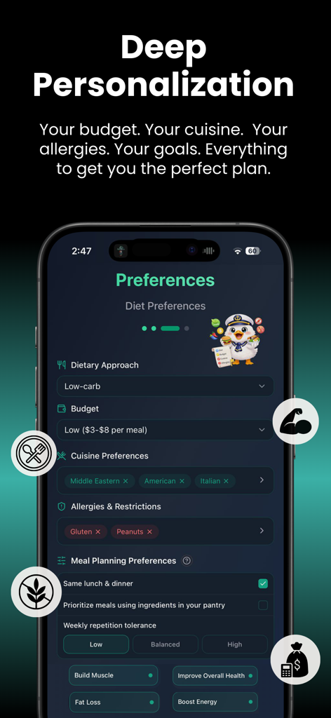 Meal Ark: AI Meal Planner - Meal Ark app interface showing personalization options for diet budget cuisines and allergies