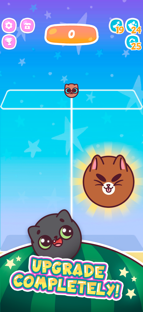 A gameplay screen of Watermelon Cats showing round cute cats in a merge puzzle game with an upgrade message
