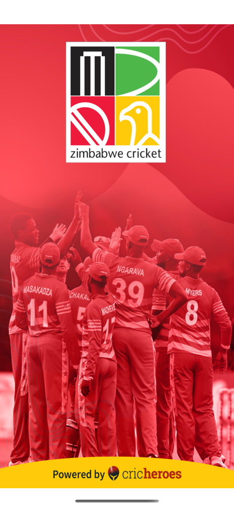 Zimbabwe Cricket - Splash screen of the Zimbabwe Cricket app featuring the team logo and players in red jerseys